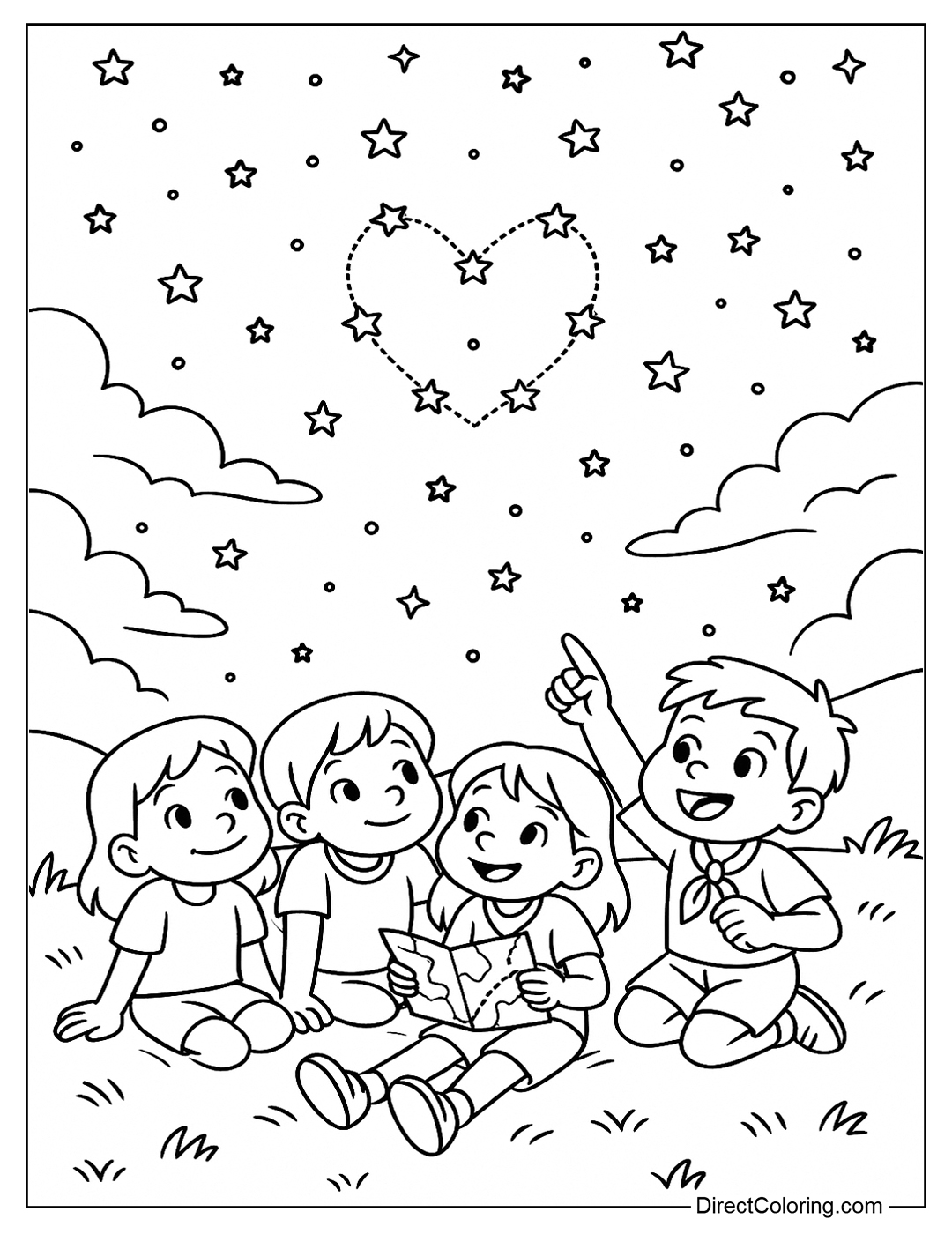Coloring page of a group of little friends lying outside watching the stars, with a heart-shaped constellation.